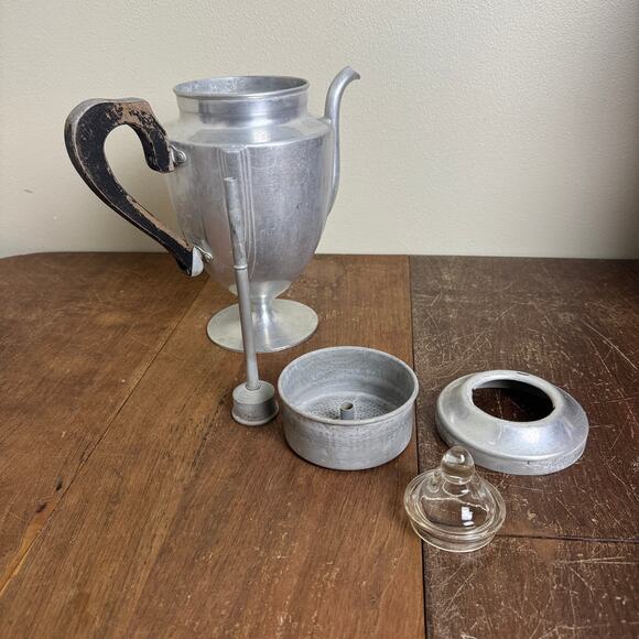 Art Deco Aluminum Pedestal Percolator Glass knob and wood handle - Picture 11 of 16